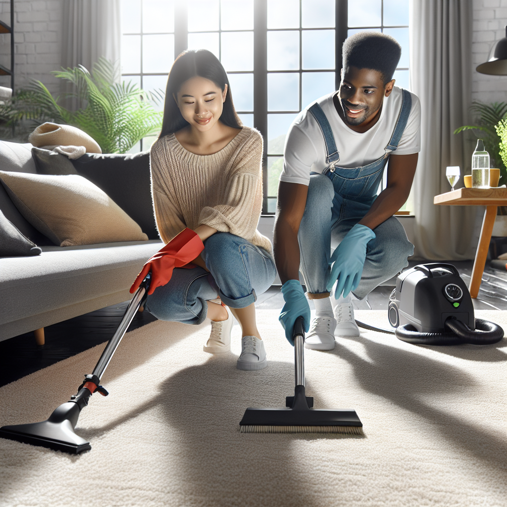 A pristine, spotless living room with professional carpet cleaners and a fresh, clean ambiance.