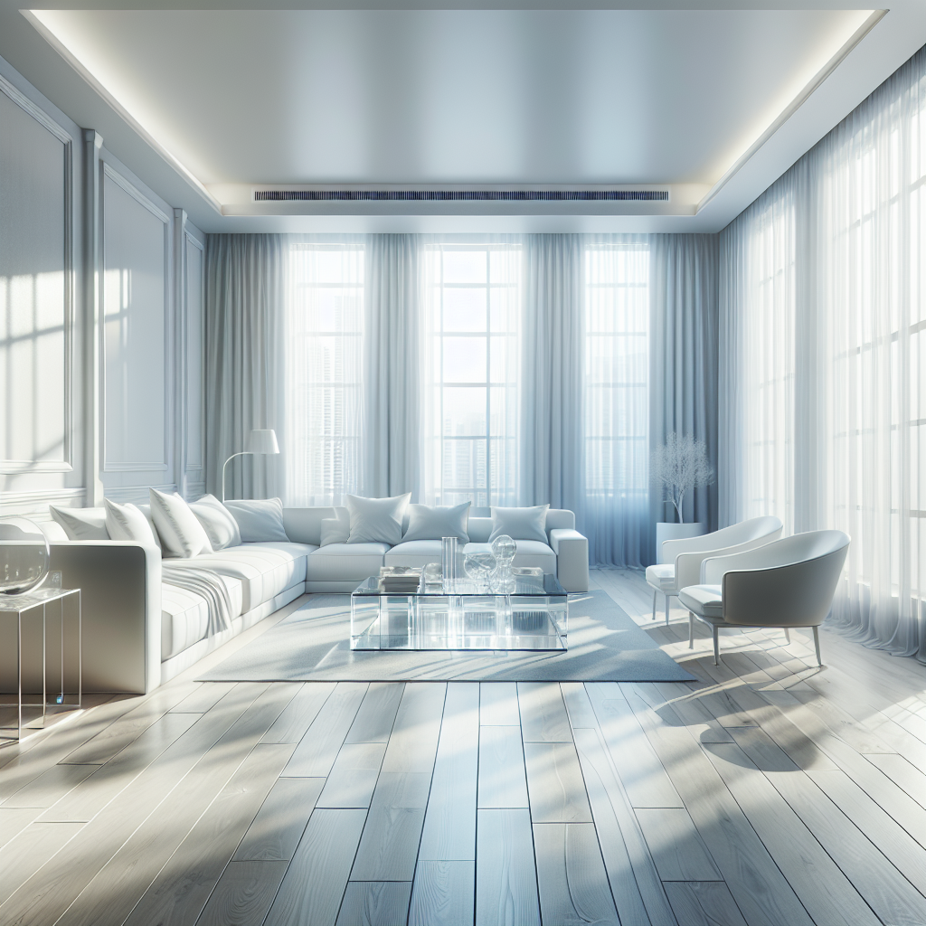 A pristine, spotless living room with wooden floor, white couch, and glass coffee table, bathed in natural light.