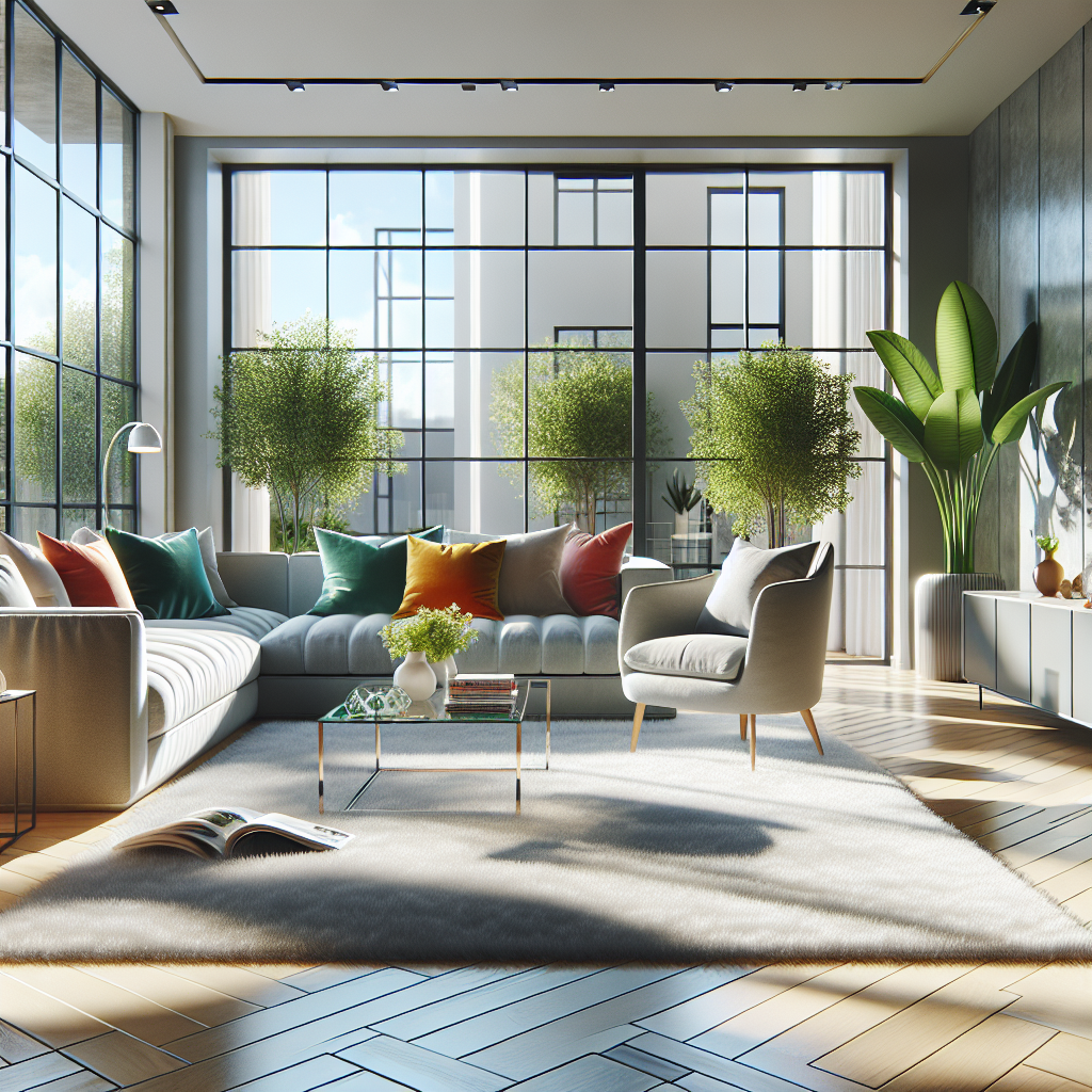 A clean and modern living room with a light grey sofa, glass coffee table, and large windows streaming natural light.