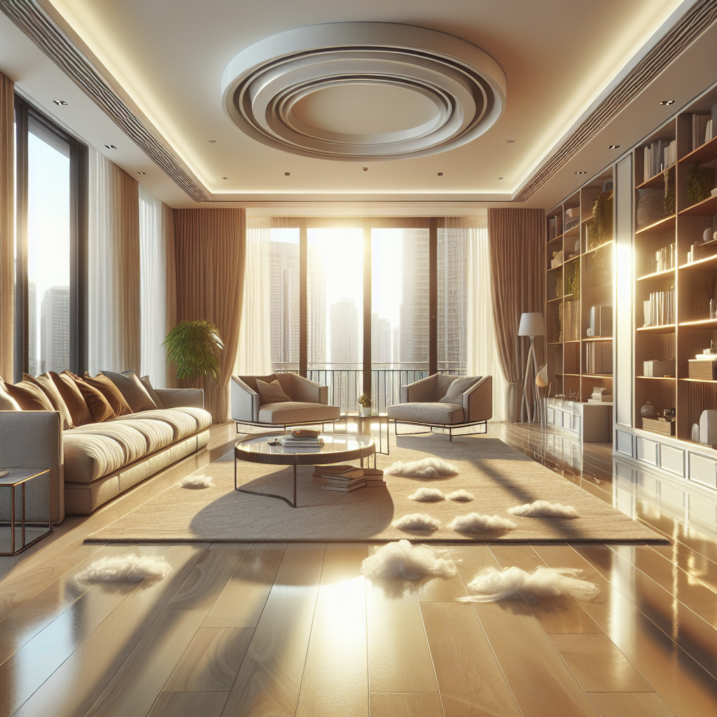 A realistic image of a clean and organized modern living room with natural light.