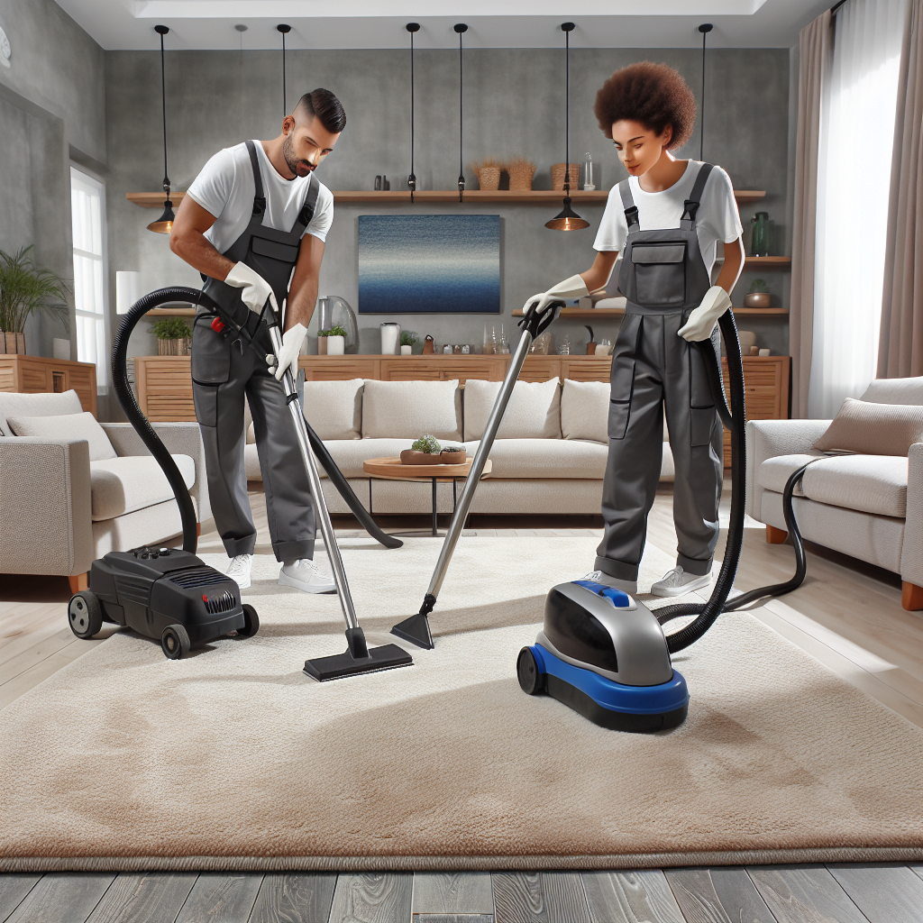 Professional carpet cleaners using modern equipment to clean a large carpet in a well-lit living room.