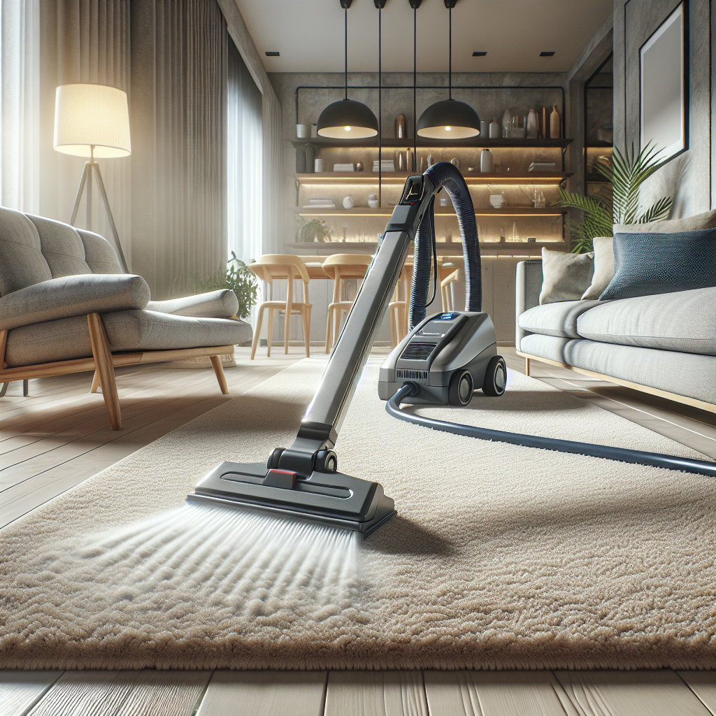 A modern device cleaning a plush carpet in a cozy living room.