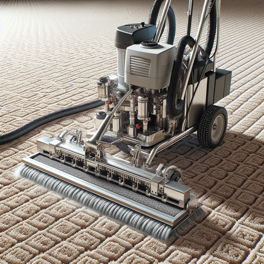 A realistic scene of a carpet cleaning machine in action on a patterned carpet.