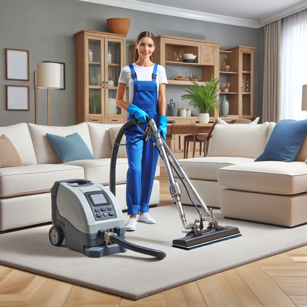 A professional performing residential carpet cleaning with modern equipment in a stylish living room.