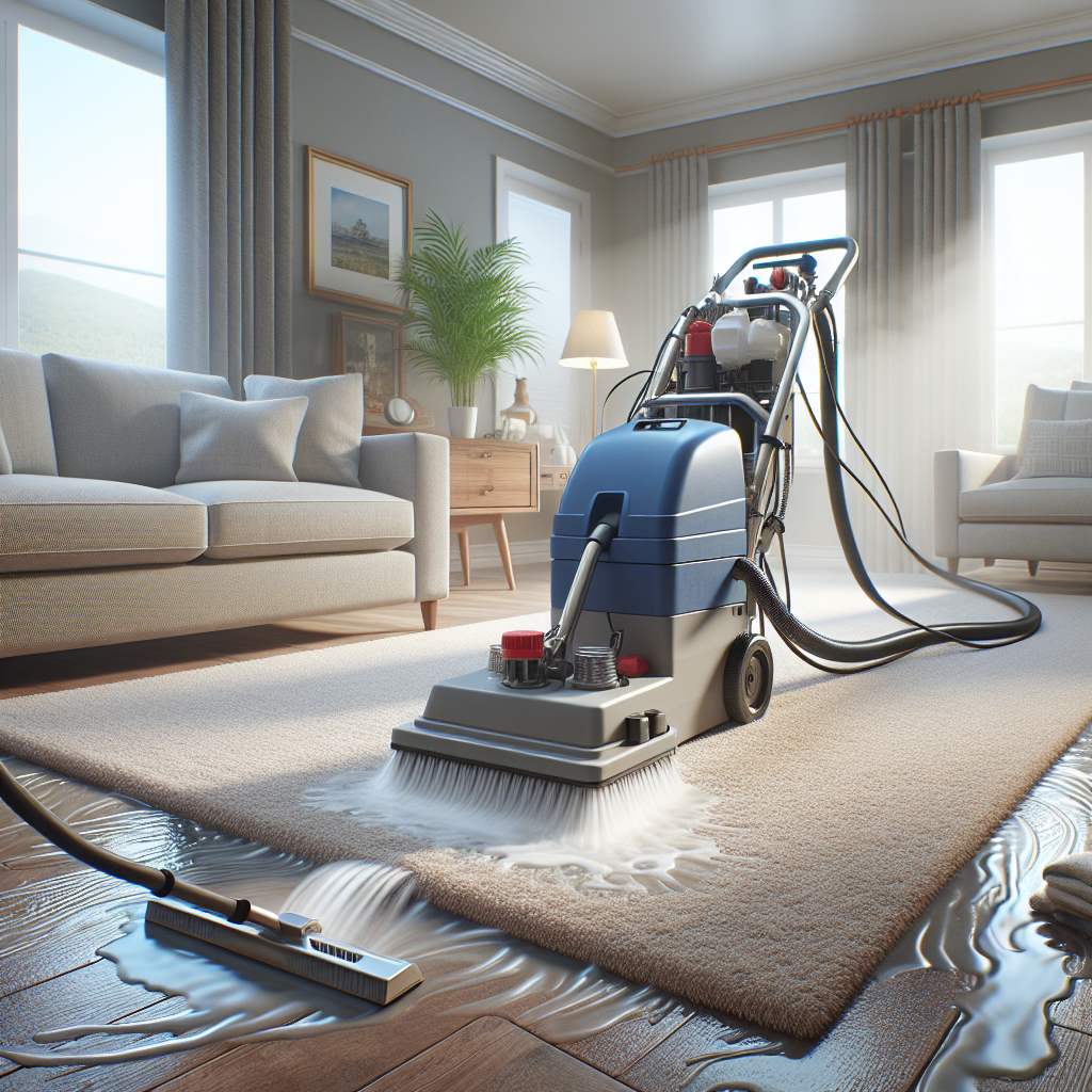 Residential carpet cleaning process in a living room setting.