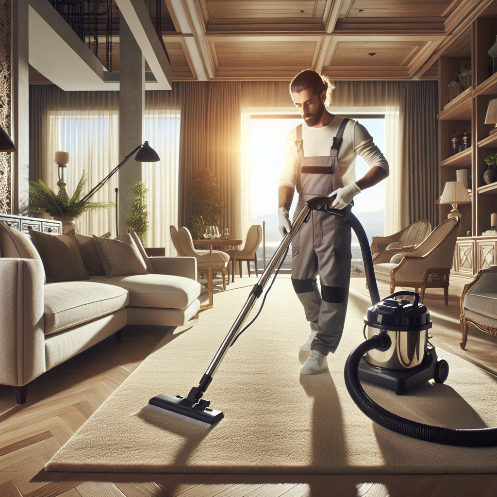 A professional carpet cleaner vacuuming a modern living room carpet.