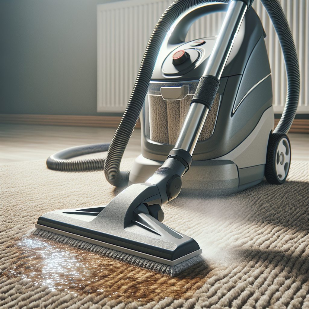 An affordable carpet cleaner in use, effectively removing stains from a carpet in a home setting.