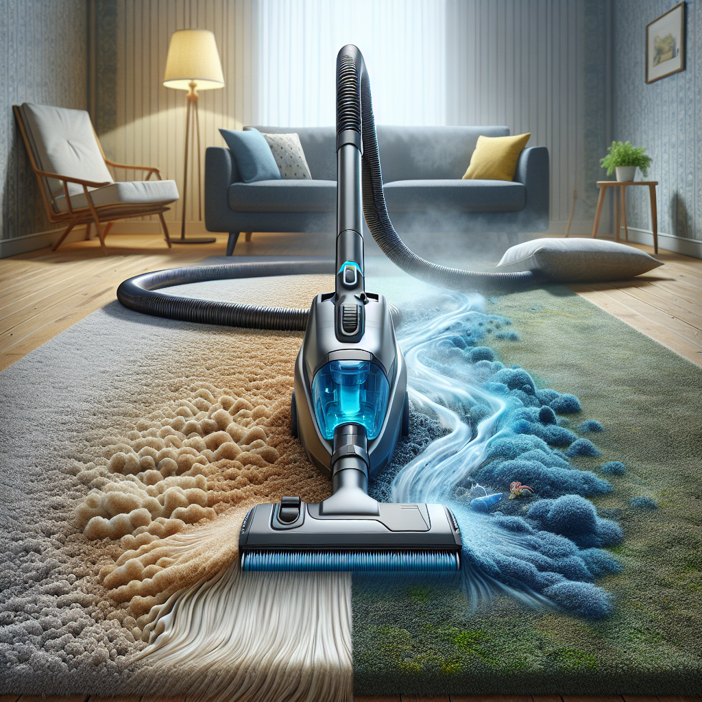 A realistic image of an affordable carpet cleaner in use, showing its effectiveness on a carpet.