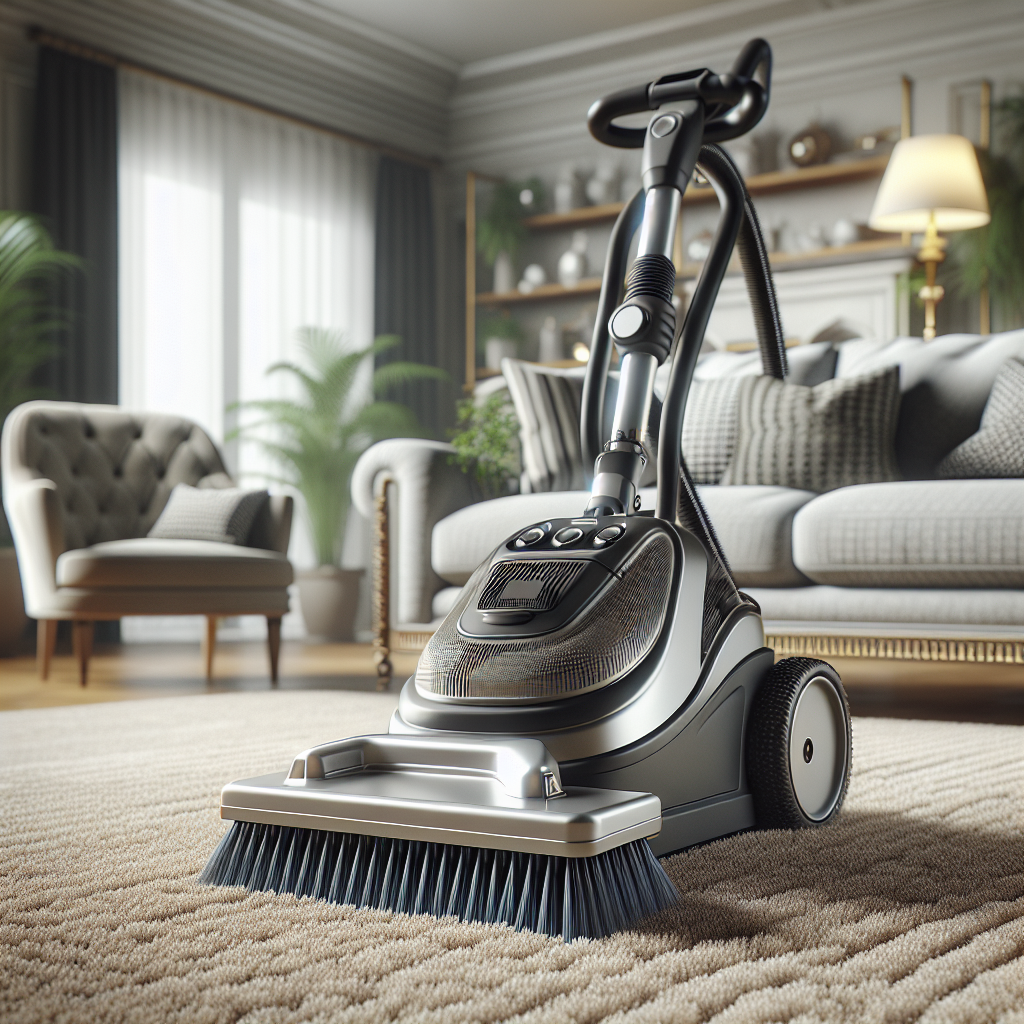 A realistic image of an affordable carpet cleaner on a clean carpet in a living room.