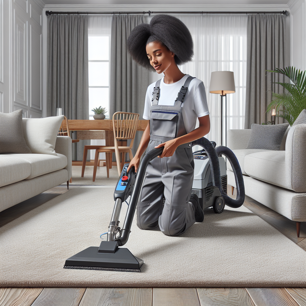 A professional carpet cleaner using an advanced machine in a stylish living room, showing top-quality carpet cleaning results.