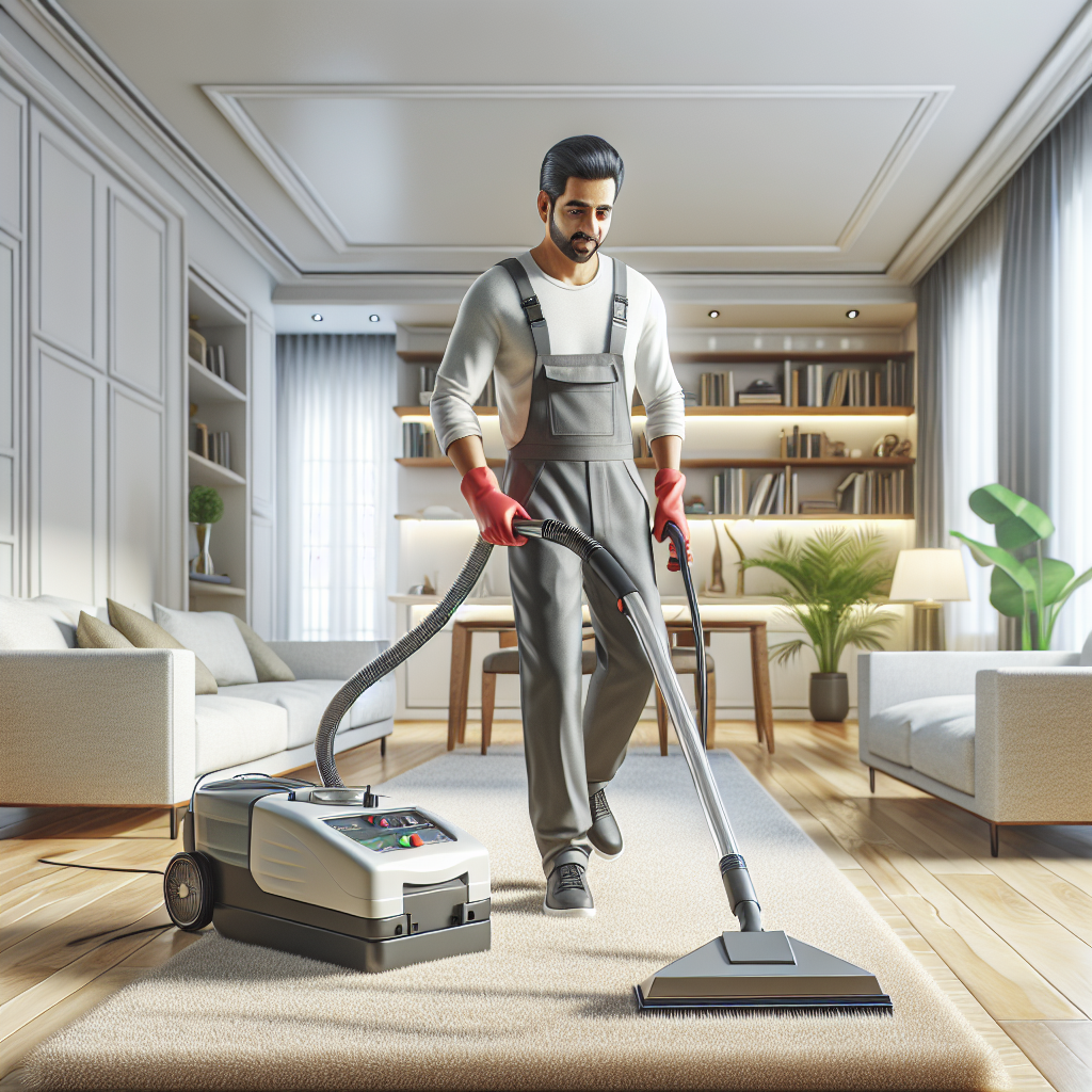 A professional carpet cleaner using a high-quality machine in a modern living room.