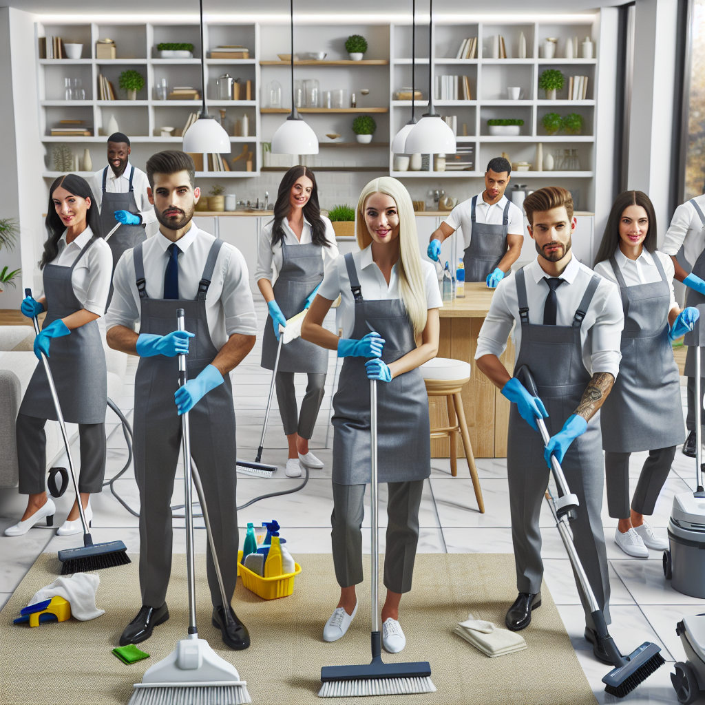 A cleaning team working efficiently in a clean, well-lit home, showcasing professional tools and organized spaces.