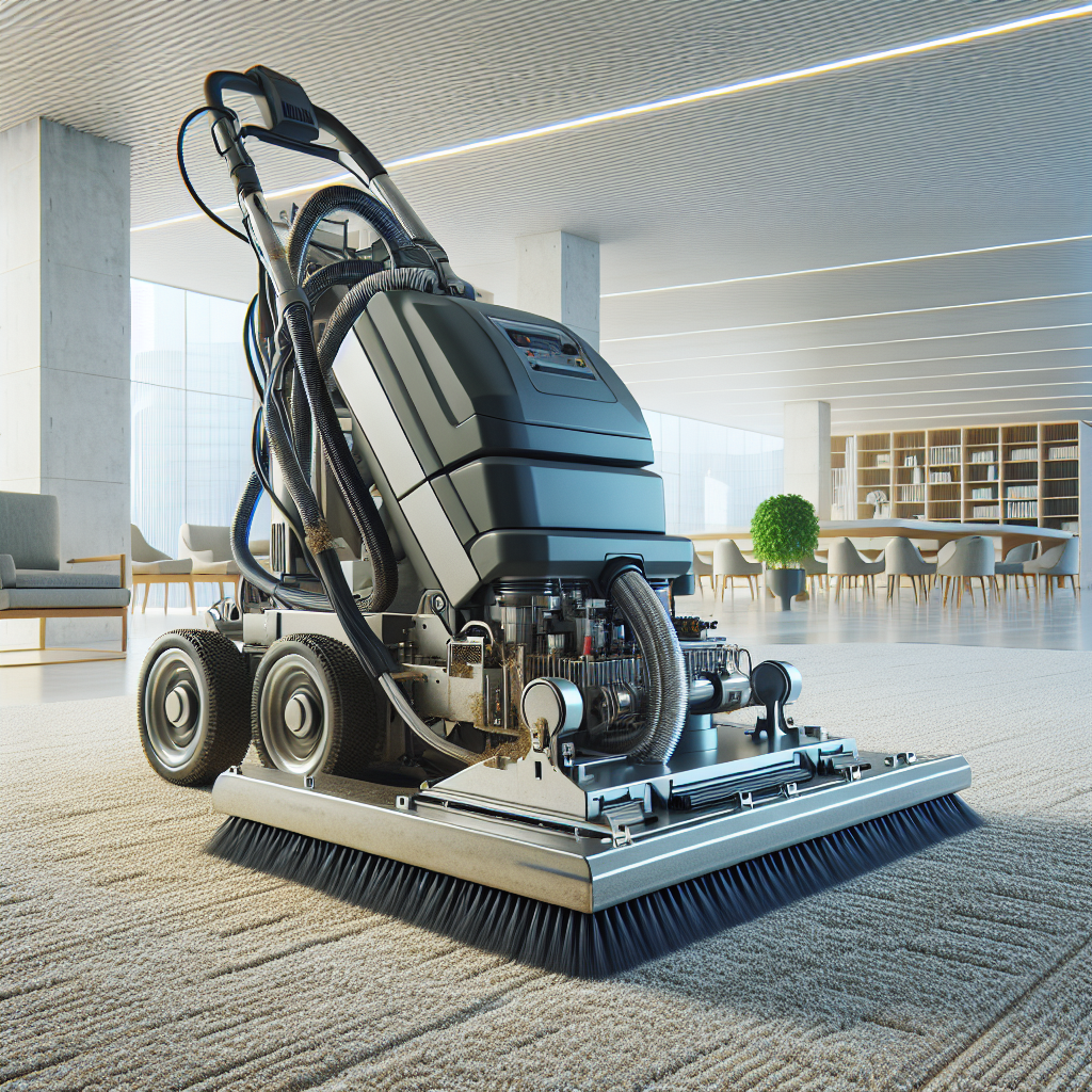 A commercial carpet cleaner in action, effectively cleaning a large carpet in a modern office space.