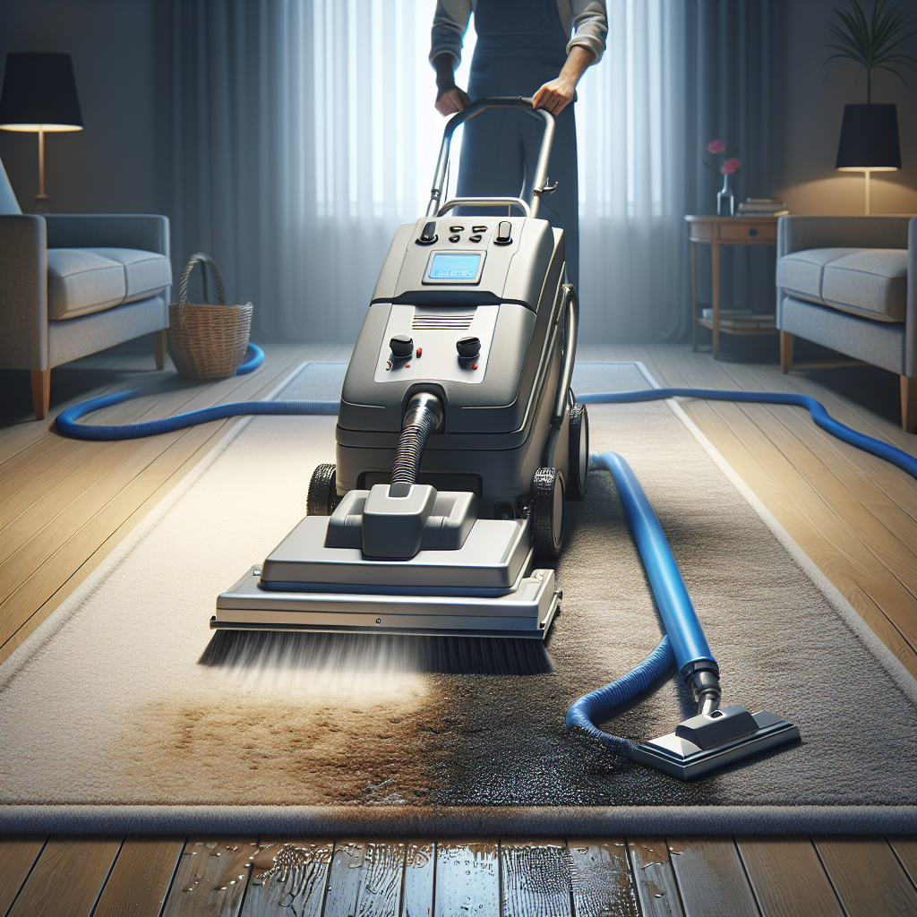 Realistic depiction of a commercial carpet cleaner in use on a stained carpet.