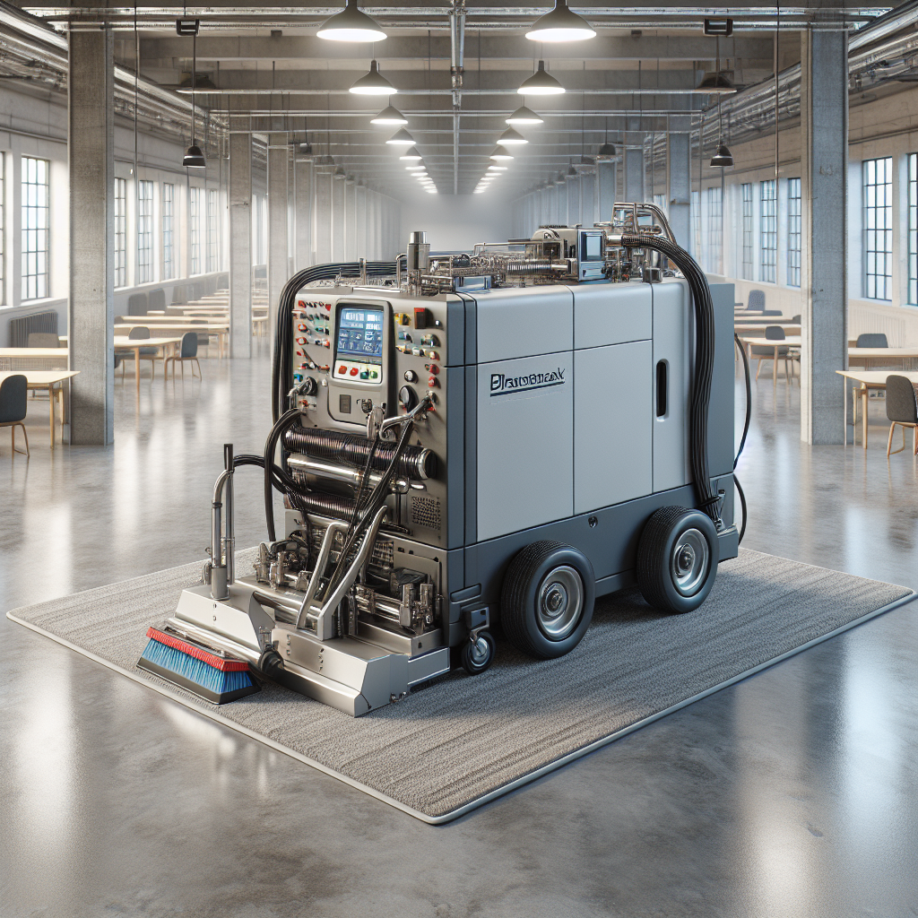 Realistic image of a commercial carpet cleaning machine in a clean industrial setting