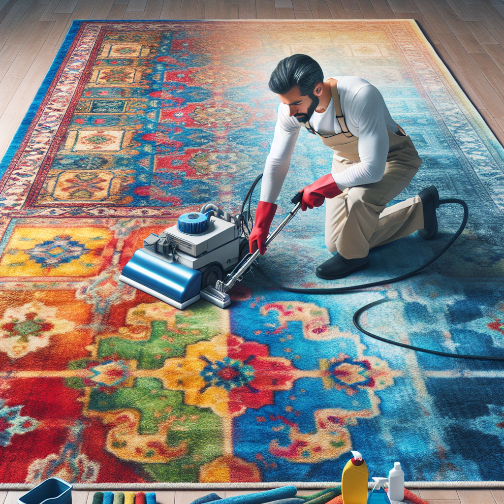 A professional cleaning a rug realistically in a well-lit room.