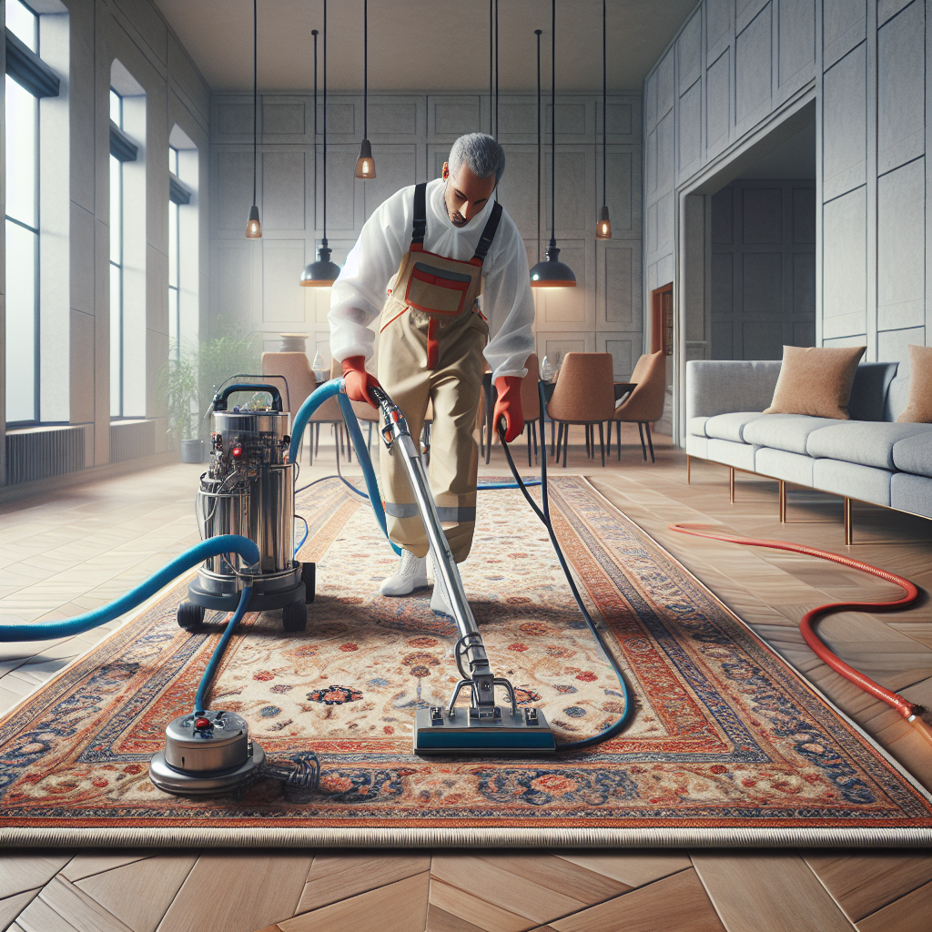 Realistic image of a professional rug cleaning scene.