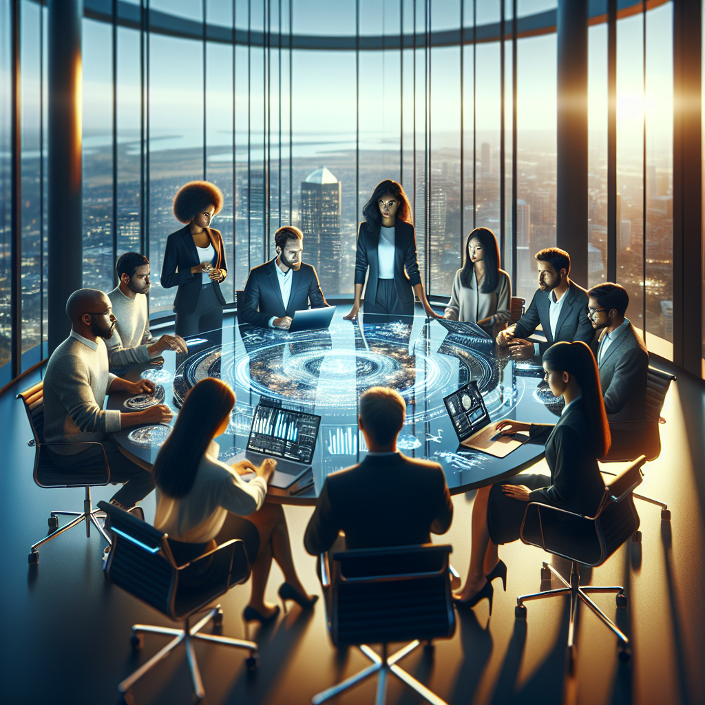 A diverse group of entrepreneurs in a modern business setting, collaborating around a conference table.