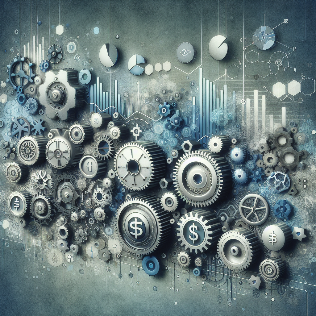 Conceptual image of investment strategies represented by financial symbols and gears.