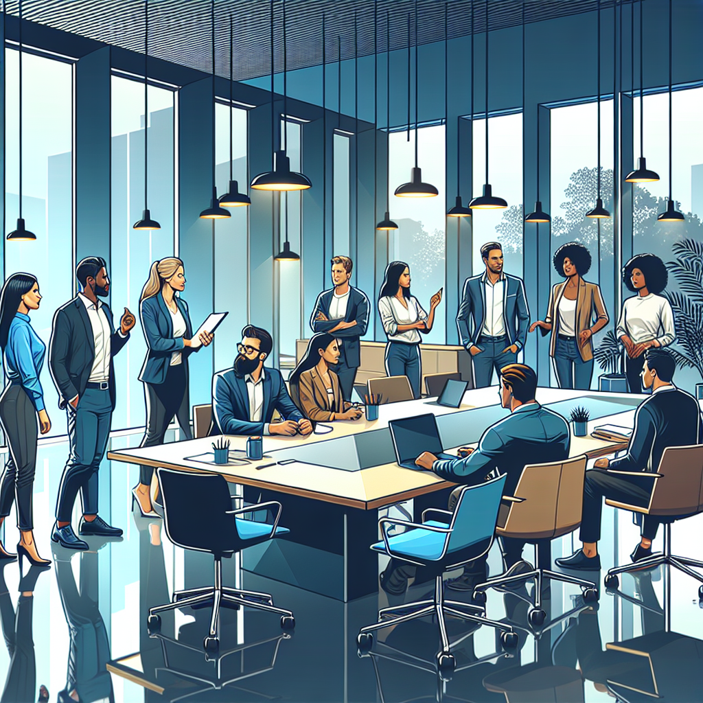 A diverse group of people in a modern office setting engaging in a brainstorming session.