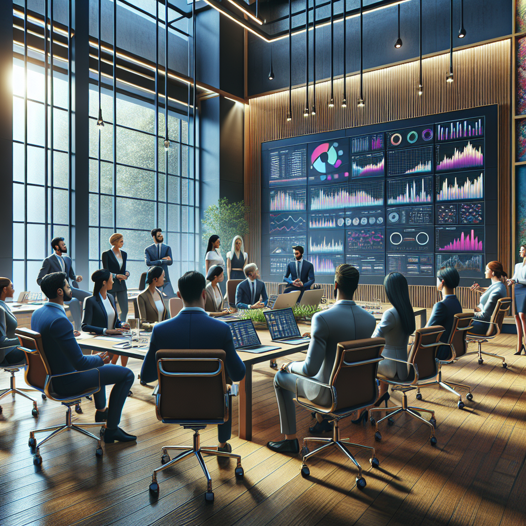 A diverse group discussing investment strategies in a modern office.