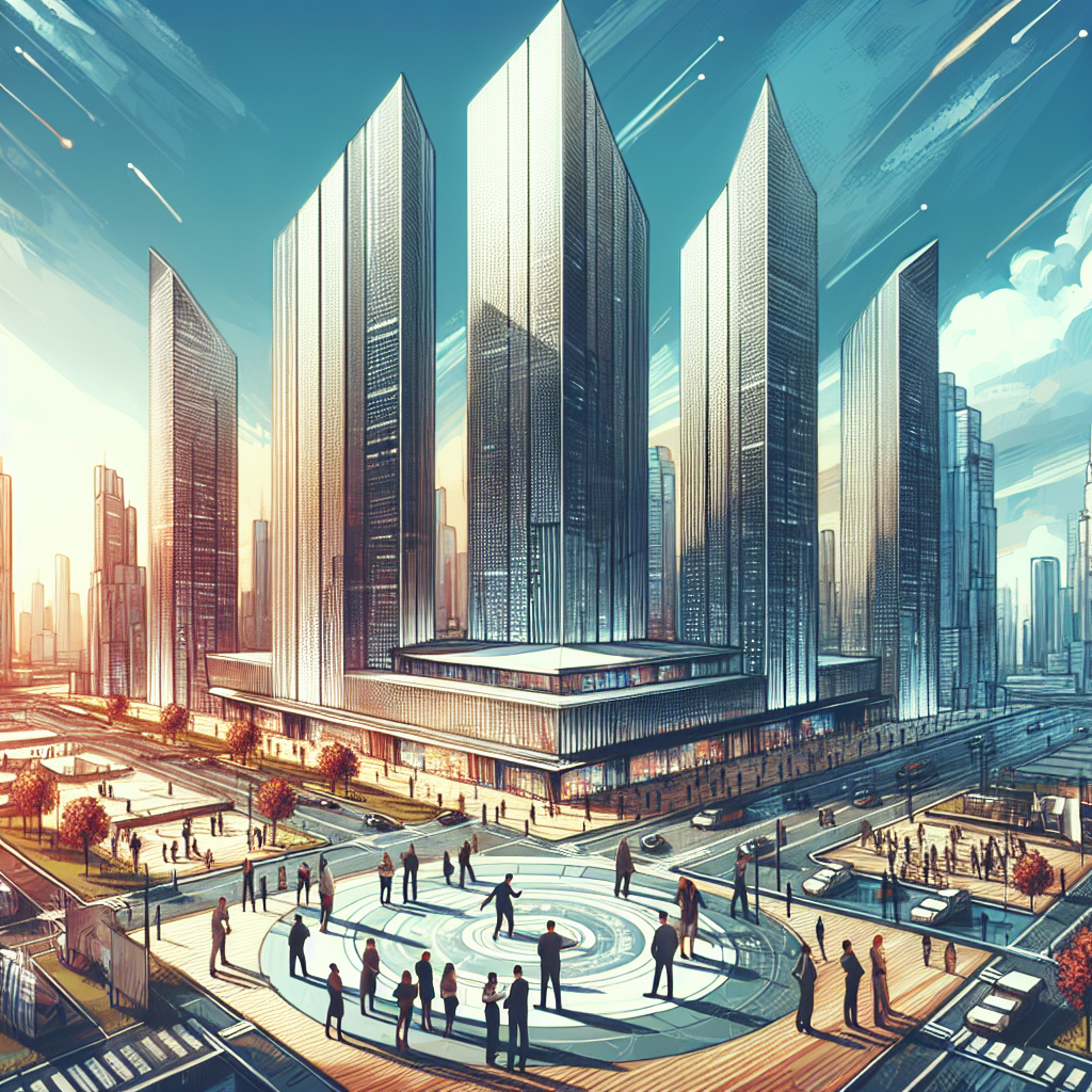 A realistic image depicting entrepreneurship concepts through skyscrapers, a bustling cityscape, and individuals in strategic discussions.
