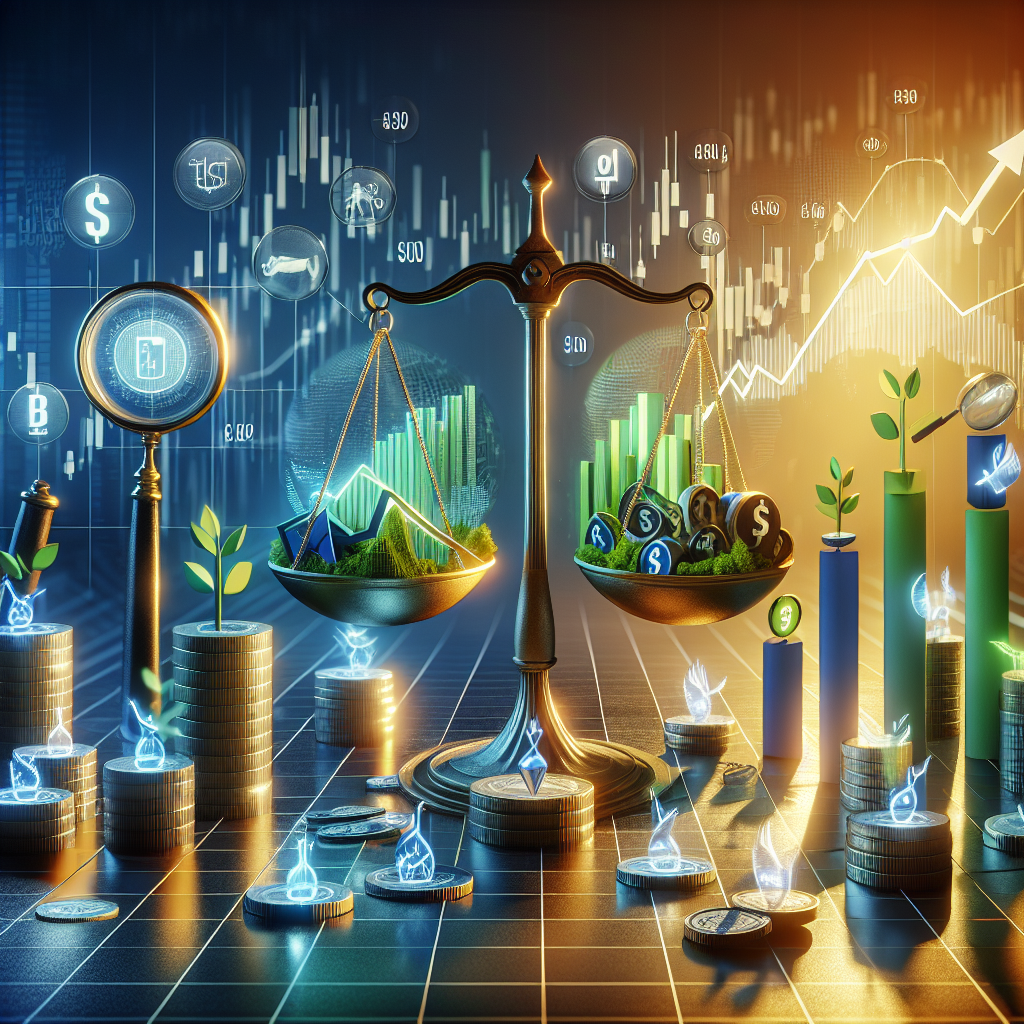 Visual representation of investment strategies symbolized by a scale, graphs, and financial icons.