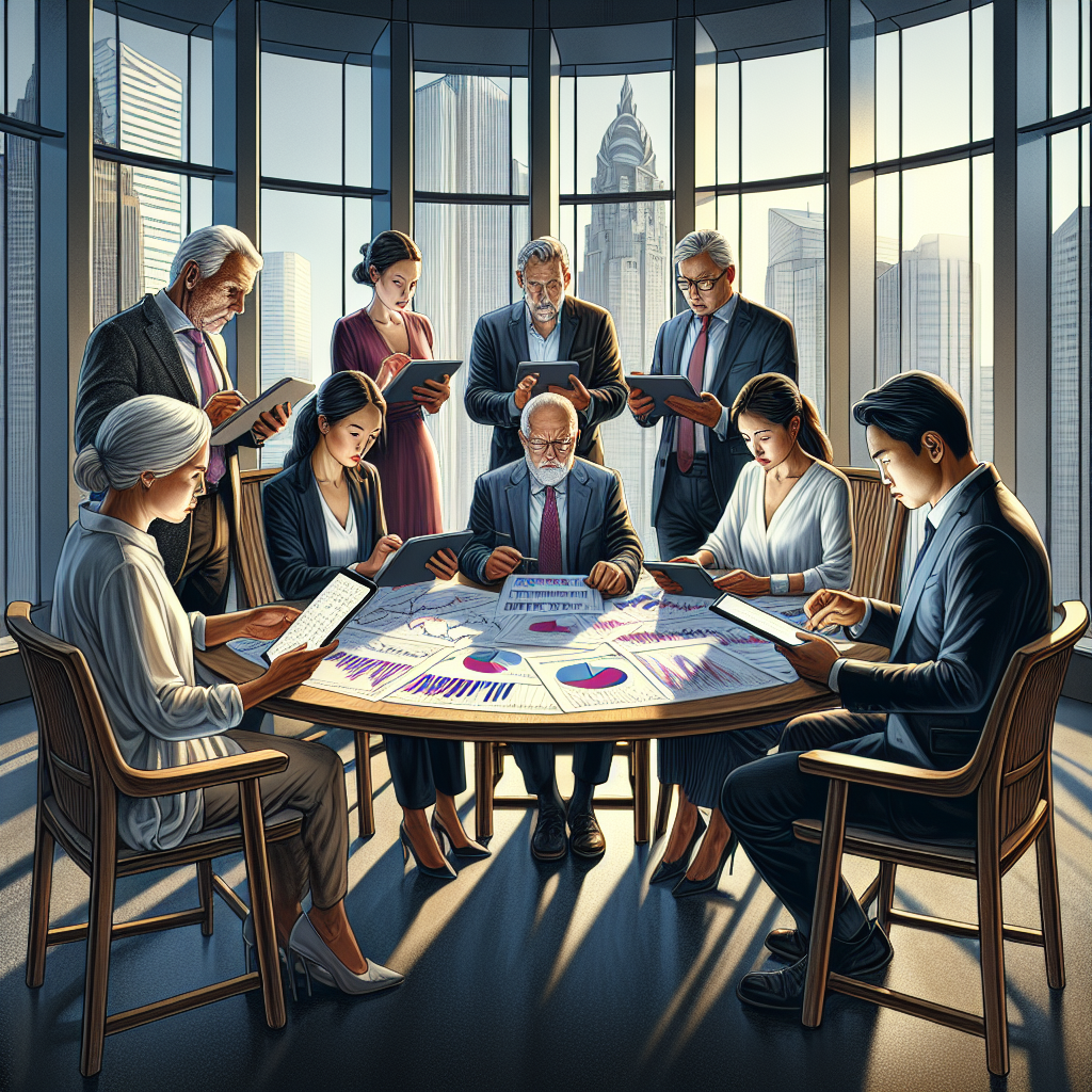 Investors strategizing around a table with financial charts, set against a modern cityscape backdrop.