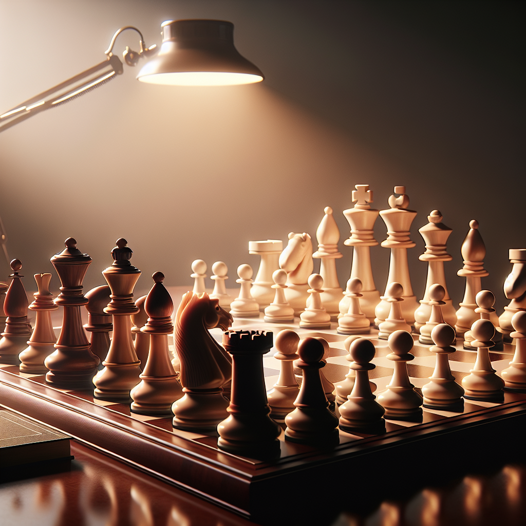 A chessboard representing investment strategies with ivory and onyx pieces on a mahogany table.
