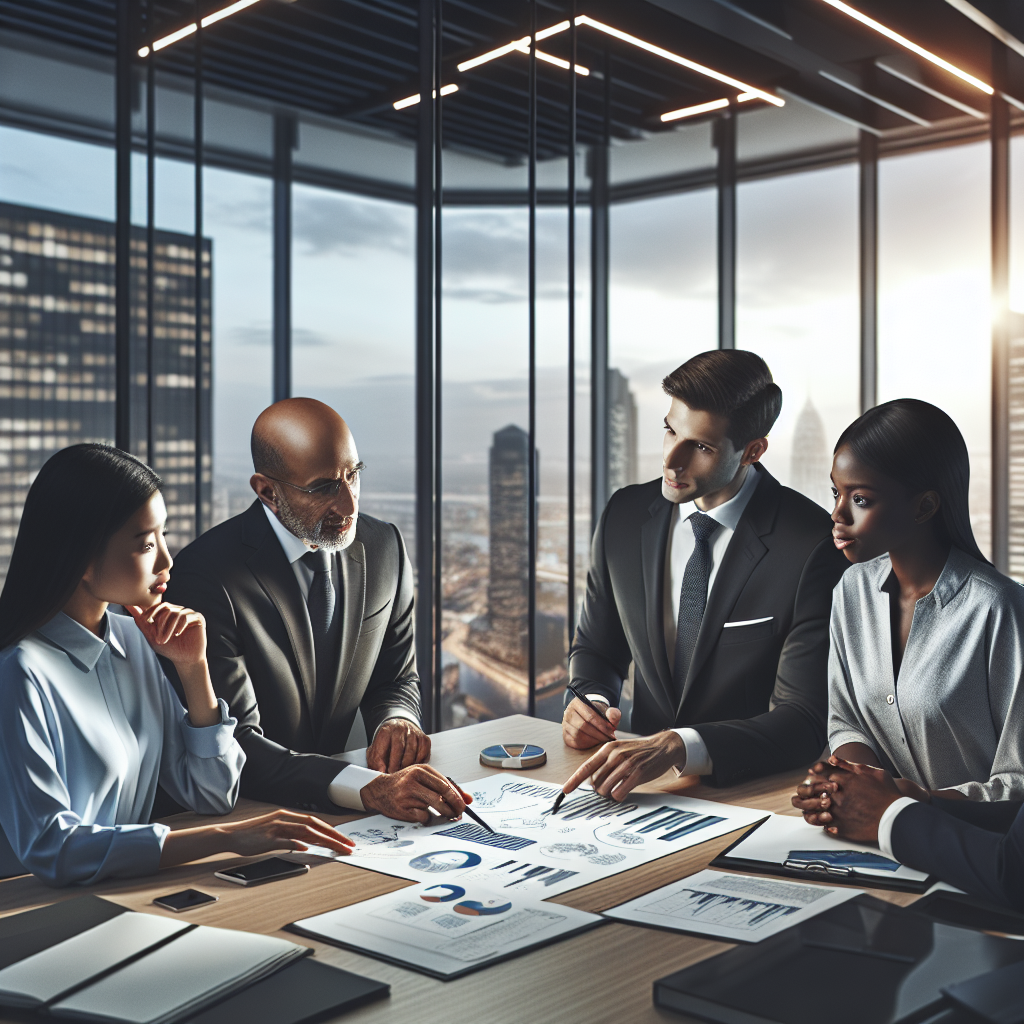 Diverse group discussing investment strategies in a modern office setting.
