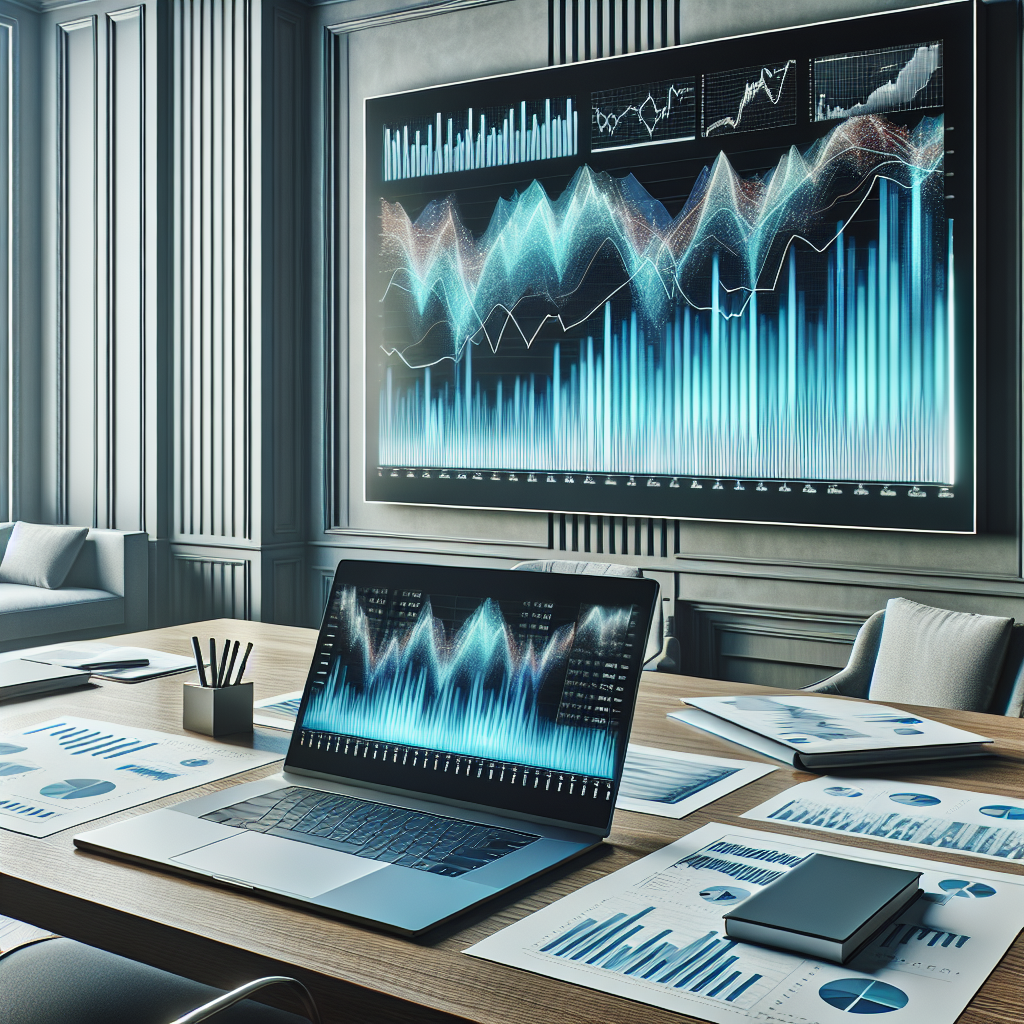 A detailed image of a financial workspace with digital screens displaying market graphs, a laptop and financial reports.