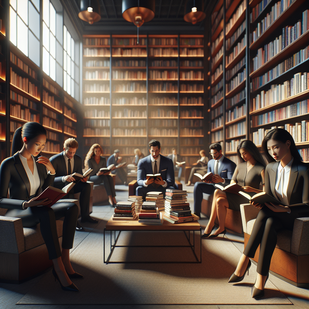 Several entrepreneurs reading books in a modern library setting.