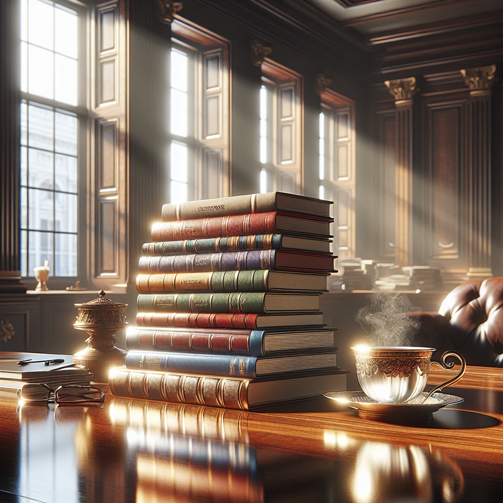 A realistic depiction of a stack of entrepreneurship books on a desk in an office, alongside a cup of coffee.