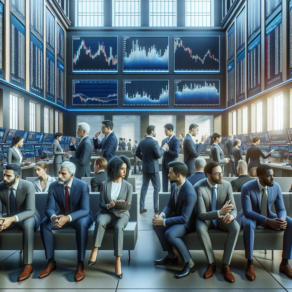 A vibrant depiction of a financial market with focused traders and digital displays.