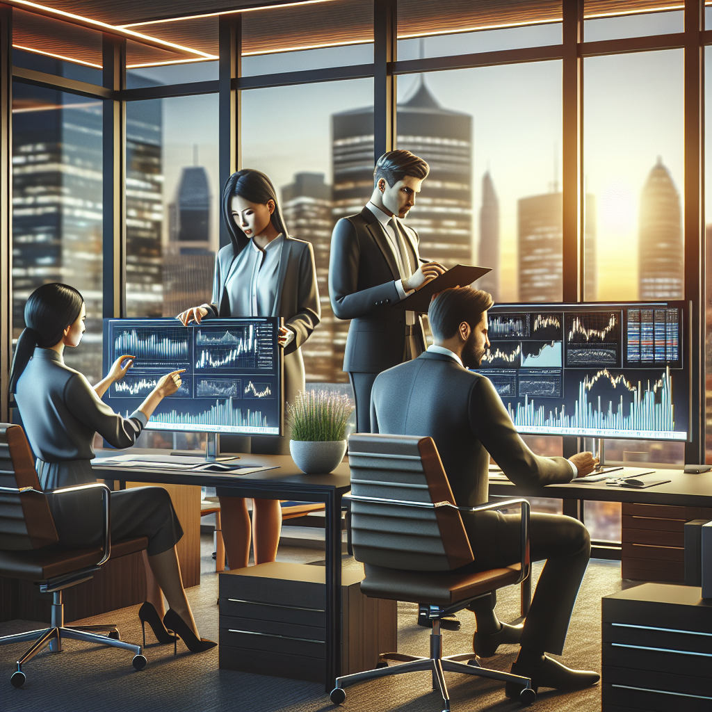 Realistic image of diverse team analyzing investment strategies in a modern office.