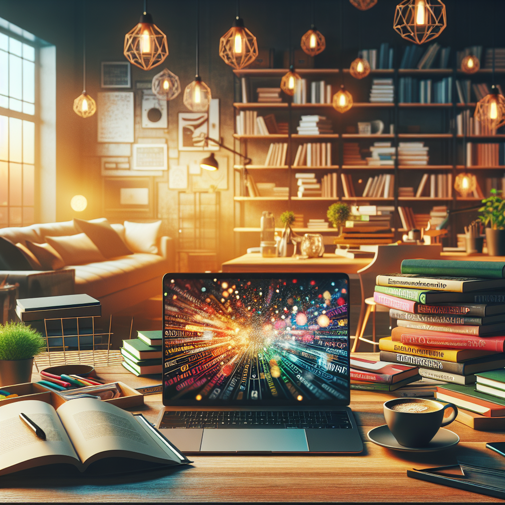 A realistic depiction of a desk with entrepreneurship books, a laptop, and a coffee cup in a home office.