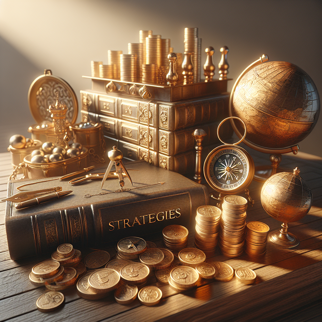 Symbolic objects representing investment strategies on a wooden table.