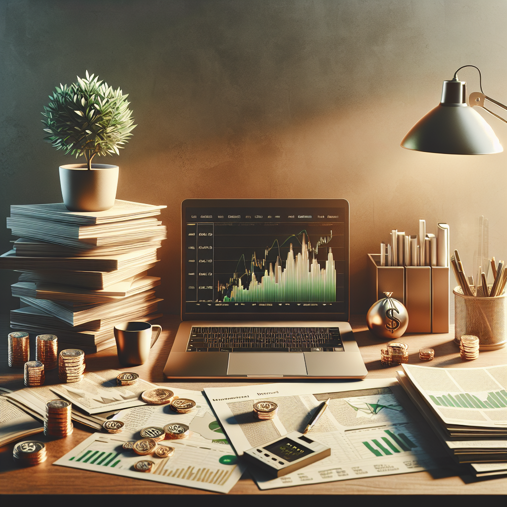 A financial planner's desk with investment materials and a laptop displaying market charts.