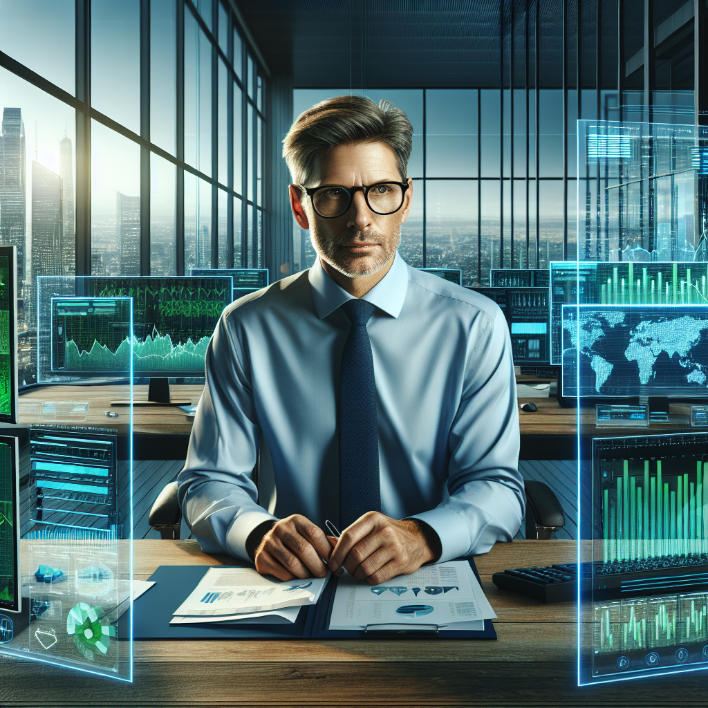 A financial analyst working in an office with charts on screens.