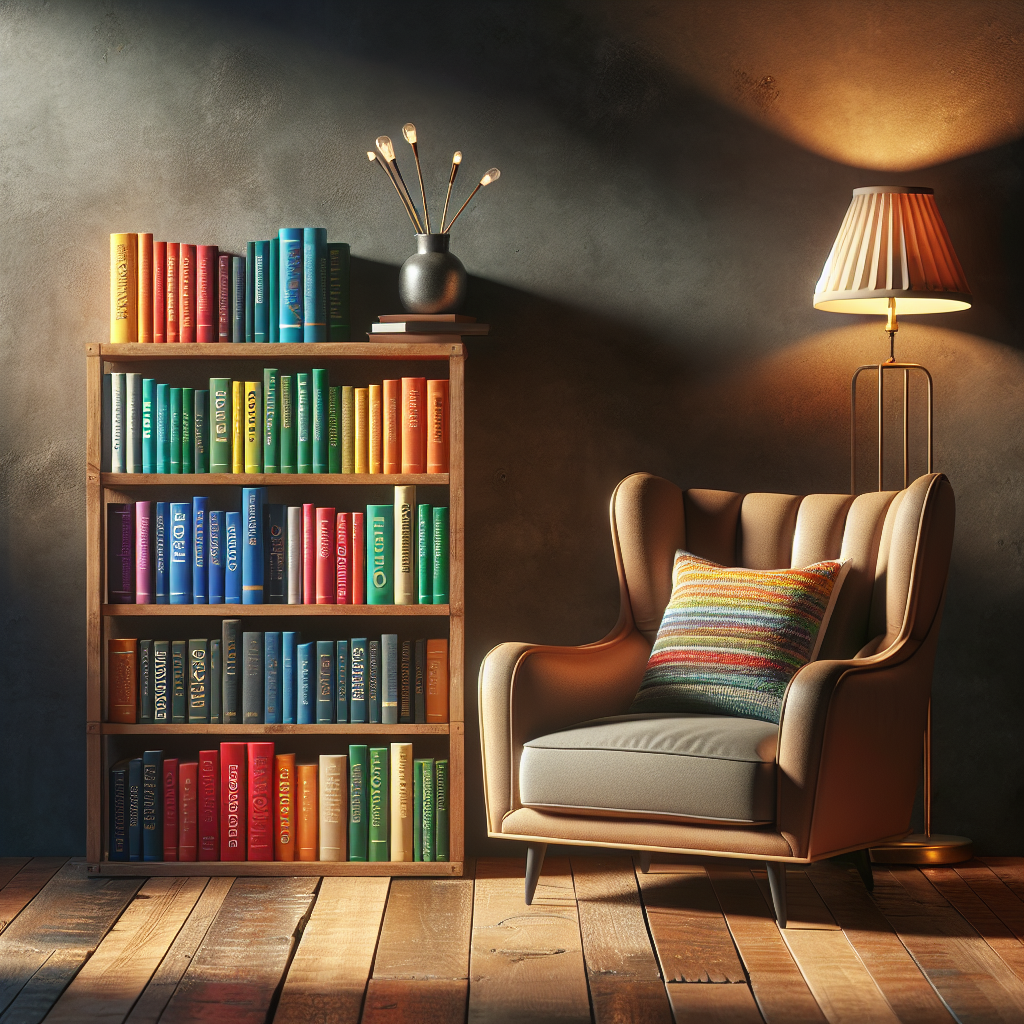 A cozy reading nook with a stack of entrepreneurship books and a plush armchair.