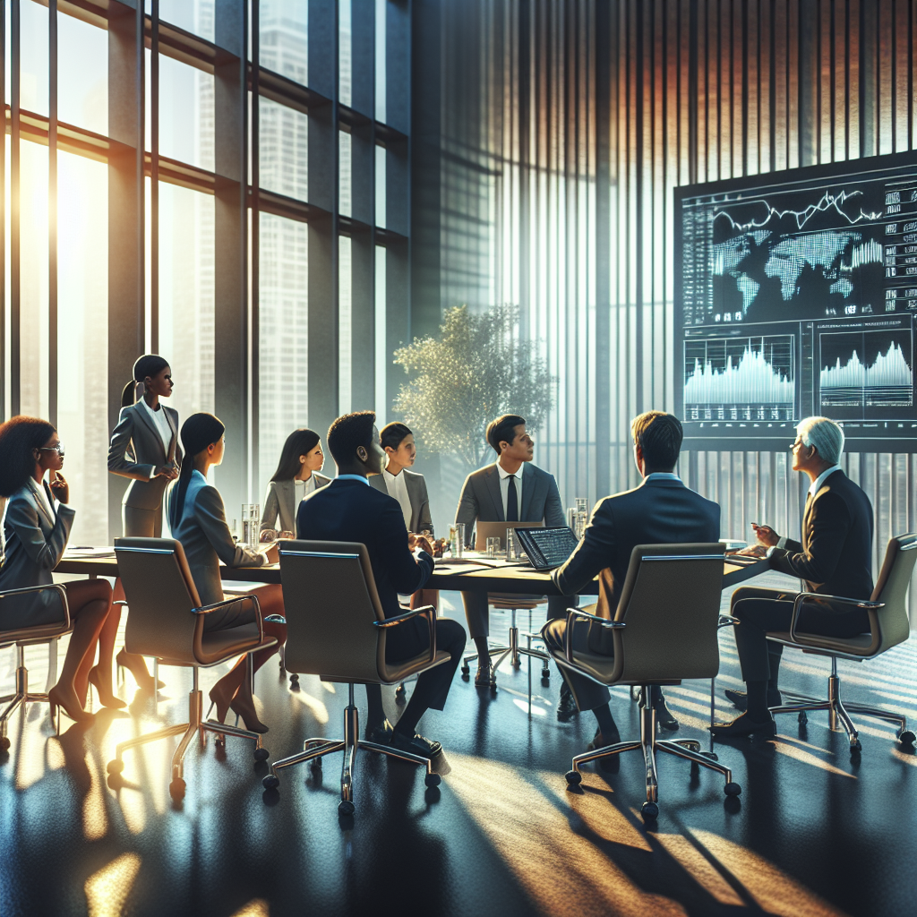 Diverse group discussing investment strategies in a modern conference room.