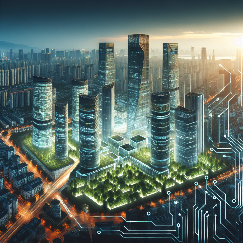 Modern cityscape symbolizing 2023 market trends with futuristic skyscrapers and green spaces.