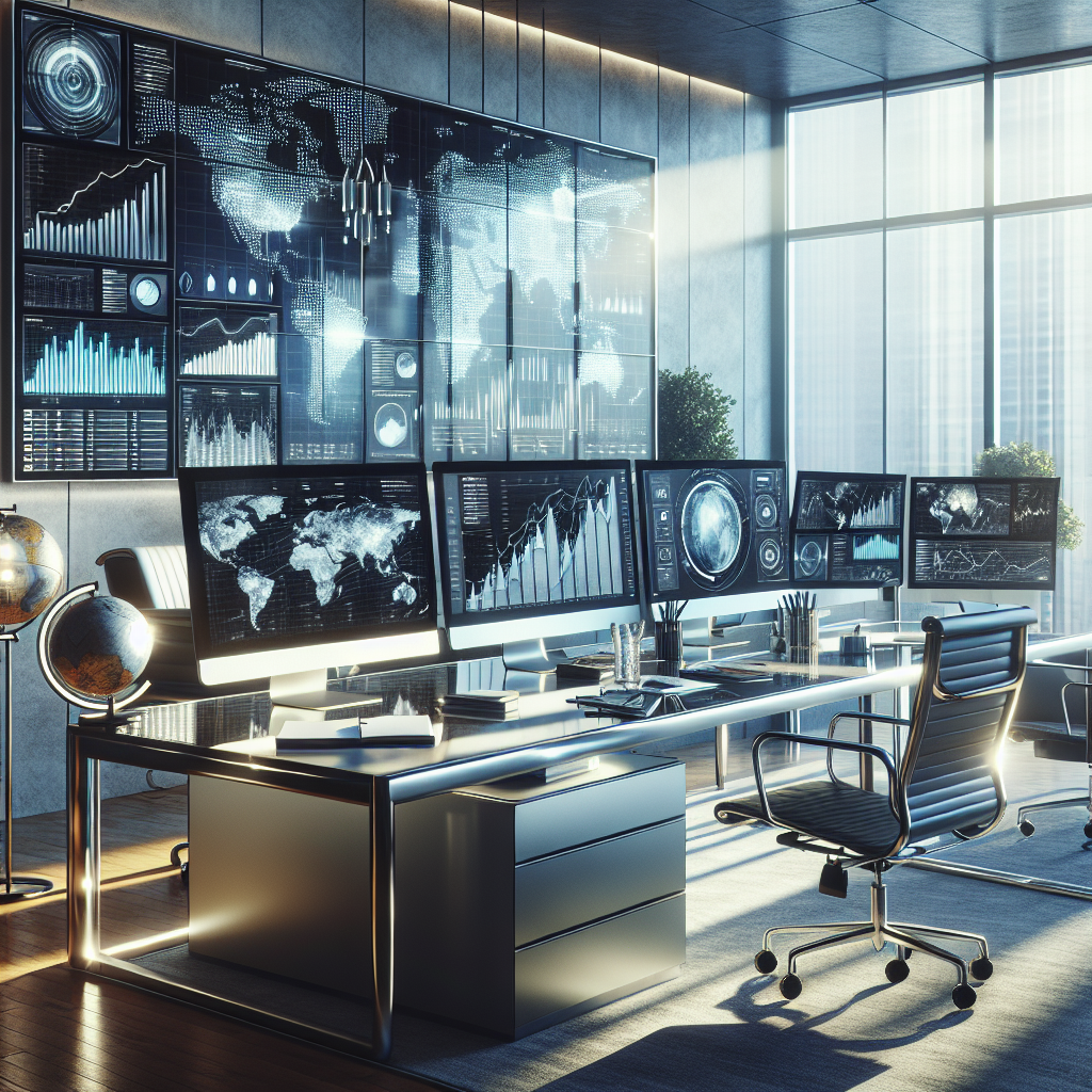A modern investor's workspace emphasizing strategic investing with computers and financial graphs.