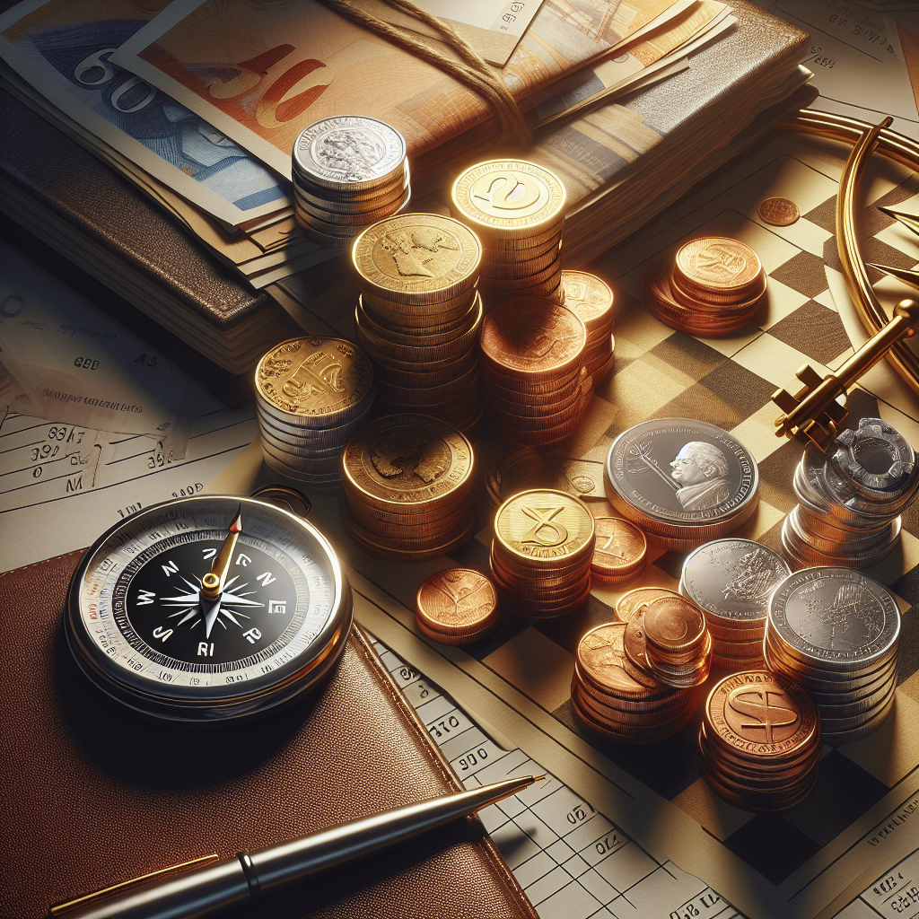 A chessboard with coins, a compass, and a luxury watch symbolizing investment strategies.