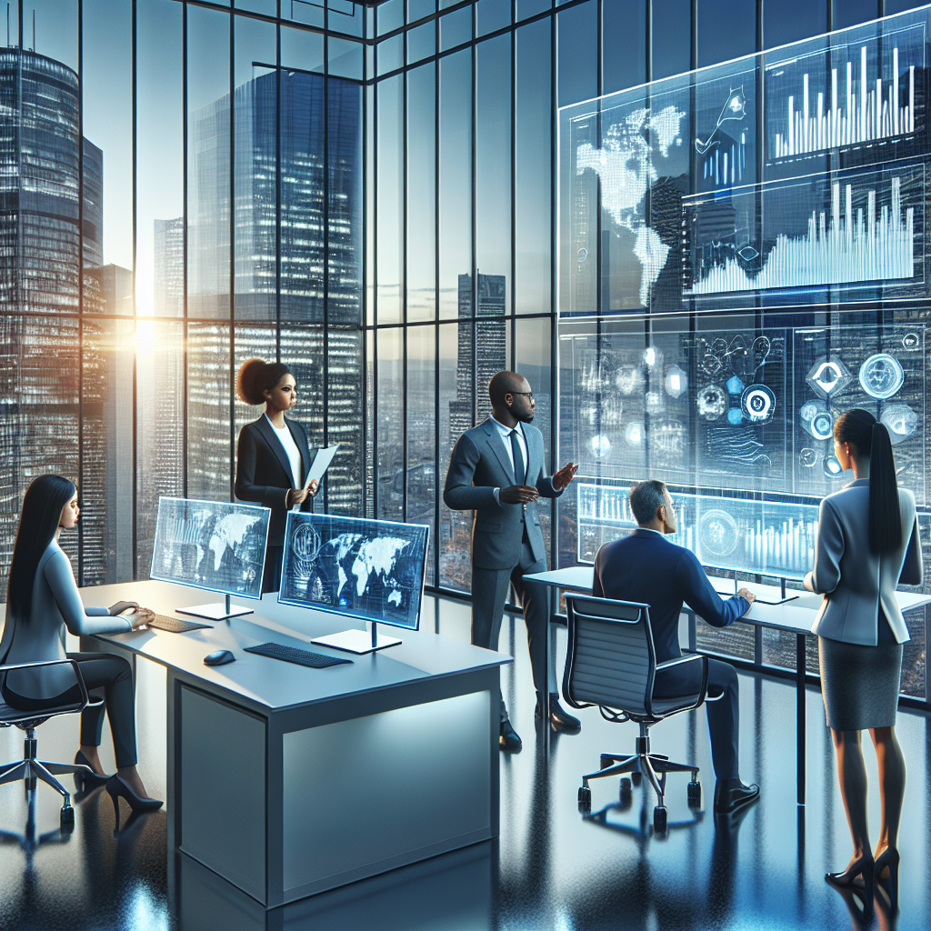 A diverse group of investors studying digital financial charts in a modern office setting.