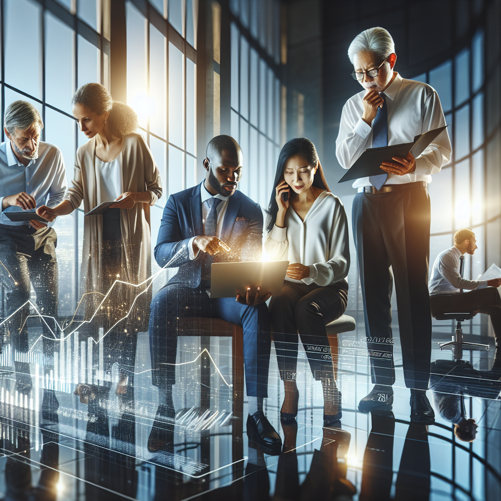 A diverse group of investors working in a modern office with financial graphs on screens.