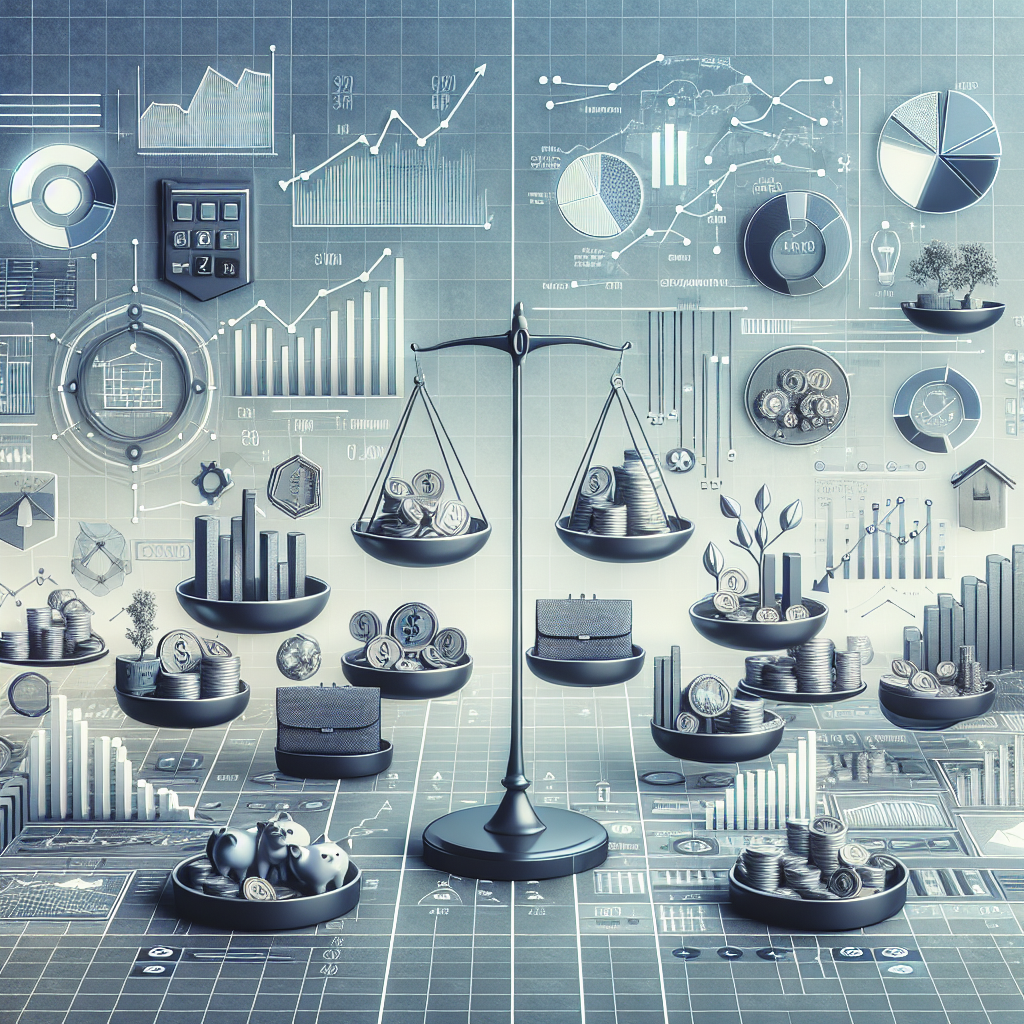 Visual representation of diverse investment strategies, including charts, assets, and balancing scales.