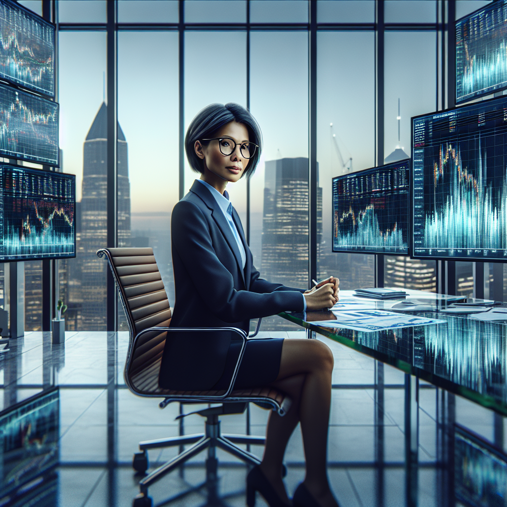 A financial analyst in a modern office with digital screens showing market trends.