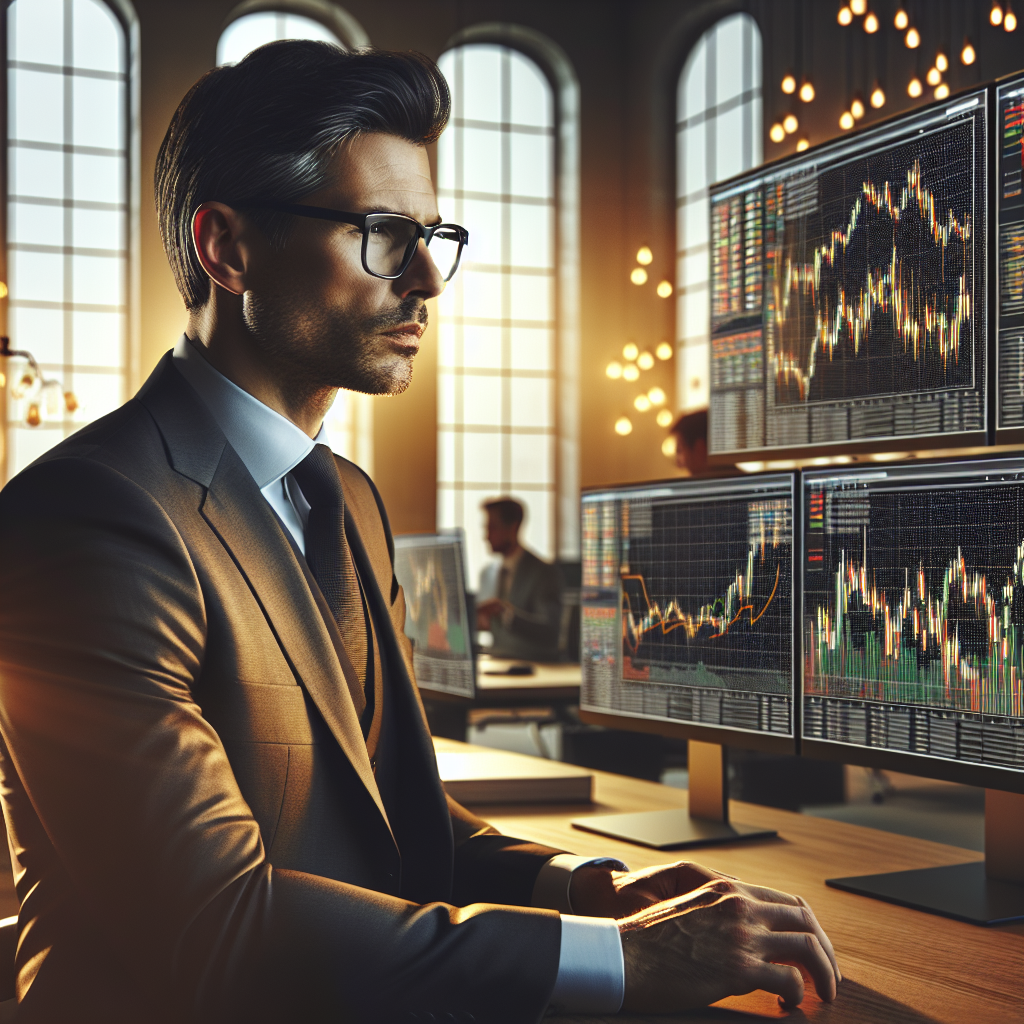 A financial analyst examining stock charts in a modern office setting.