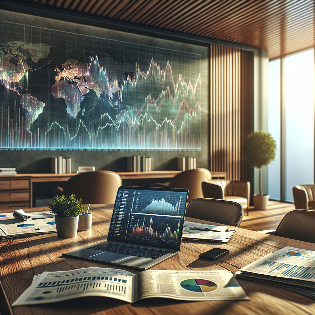 An office desk with financial newspapers, graphs, and a laptop showing stock trends.